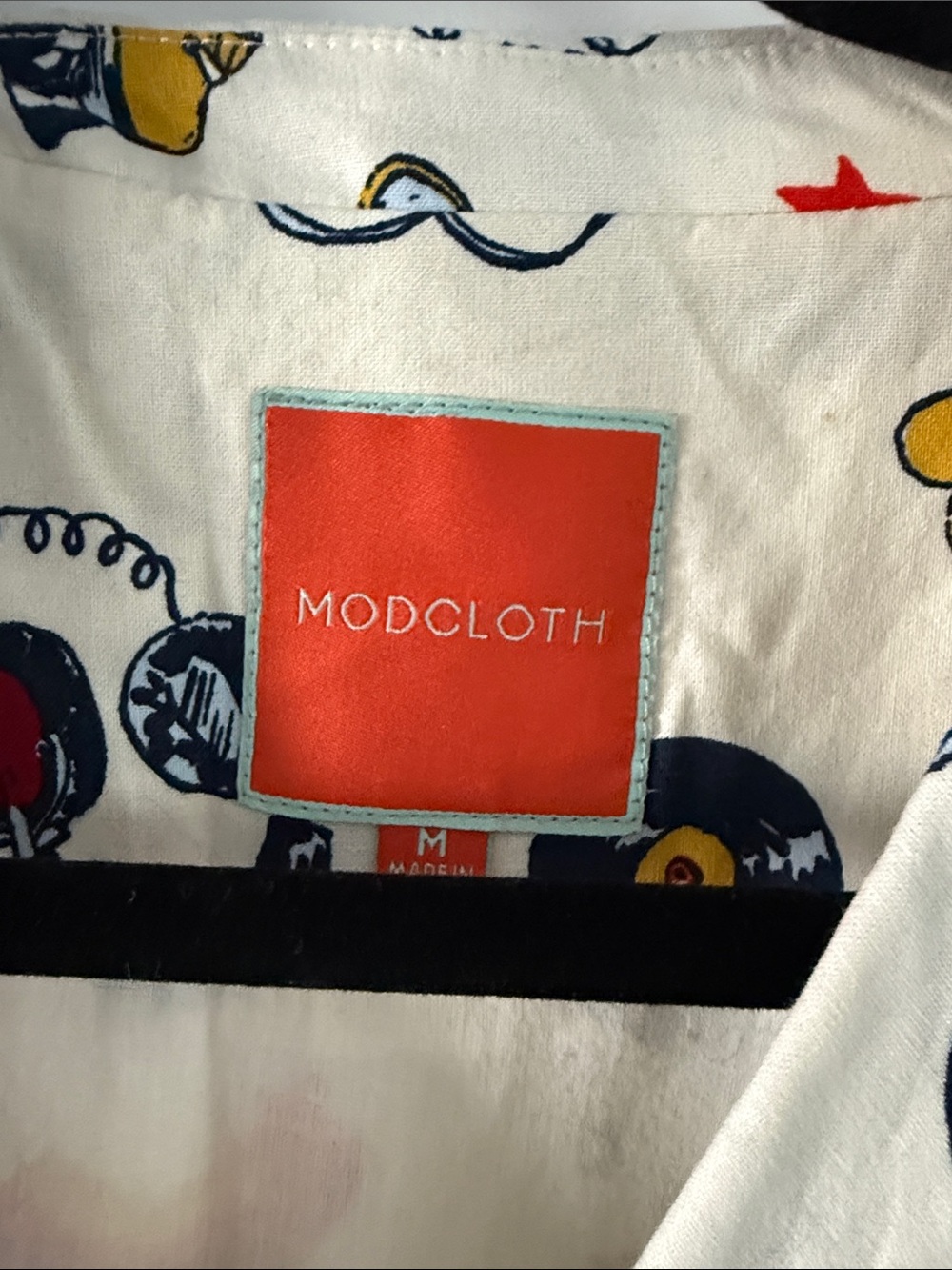 ModCloth White Sleeveless Fit-and-Flare Dress with Navy, Yellow and Red Motif - Picture 3 of 8